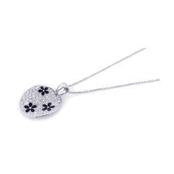 Sterling Silver Rhodium Plated Clear & Black CZ Flower Circle Pendant Necklace stp00821