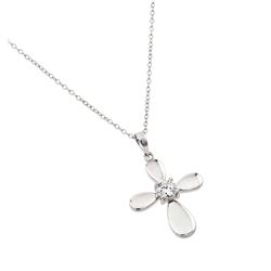 Sterling Silver Rhodium Plated Solid Cross Clear CZ Center Pendant Necklace bgp00878