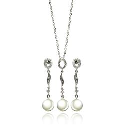 Rhodium Plated Brass Multi Shaped Pearl Drop Clear CZ Hanging Stud Earring & Hanging Necklace Set bb