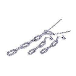Silver Rhodium Plated Multiple Rectagle CZ Dangling Stud Earring & Necklace Set sts00081