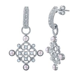 Sterling Silver Rhodium Plated Ornate CZ Dangling Earrings WIth Synthetic Pearl Accents BGE00455