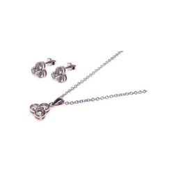 Sterling Silver Rhodium Plated Flower Round CZ Stud Earring & Dangling Necklace Set sts00013