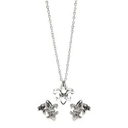 Sterling Silver Rhodium Plated Fleur De Lis CZ Stud Earring & Necklace Set sts00428