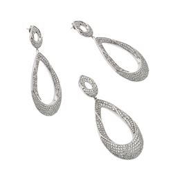 Sterling Silver Rhodium Plated Clear Open Micro Pave Teardrop CZ Dangling Stud Earring & Dangling Ne