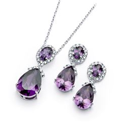 Sterling Silver Rhodium Plated Purple & Clear Teardrop Oval CZ Dangling Stud Earring & Dangling Neck