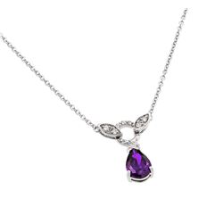 Sterling Silver Rhodium Plated Purple and Clear CZ Stone Tear Drop Shape Pendant Necklace bgp00846p