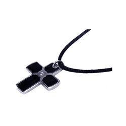 Sterling Silver Rhodium Plated Black Enamel Cross Clear CZ Black Cord Pendant Necklace bgn00001