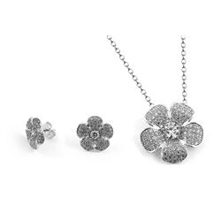 Sterling Silver Rhodium Plated Clear Pave Set Flower CZ Stud Earring & Necklace Set BGS00253