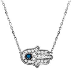 Sterling Silver Rhodium Plated CZ Encrusted Hamsa Necklace With Turquoise Stone - GMR00016RH