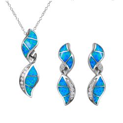Sterling Silver Twisted Design Set With Blue Synthetic Opal And CZ - BGS00466
