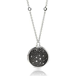 Sterling Silver Black Rhodium Plated Black & Clear CZ Circular Pendant Necklace stp01343