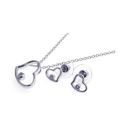 Sterling Silver Rhodium Plated Clear Single Open Heart CZ Stud Earring & Necklace Set bgs00039
