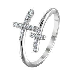 Sterling Silver Rhodium Plated Double CZ Cross Ring - BGR01013