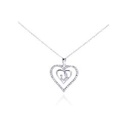 Sterling Silver Rhodium Plated Clear CZ Figurine Heart Pendant Necklace stp00765