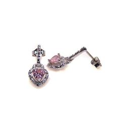 Sterling Silver Rhodium Plated Heart Shaped Pink CZ Dangling Earring ste00104