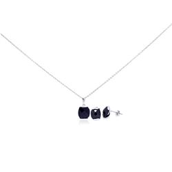 Sterling Silver Rhodium Plated Square Black CZ Stud Earring & Necklace Set sts00291