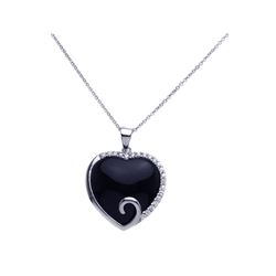 Sterling Silver Rhodium Plated Onyx Heart Pendant Necklace stp00654