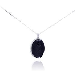 Sterling Silver Rhodium Plated Oval Synthetic Black Quartz Dangling Necklace bgp00295