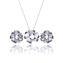 Silver Rhodium Plated Matte Finsih Flower CZ Stud Earring & Necklace Set sts00371