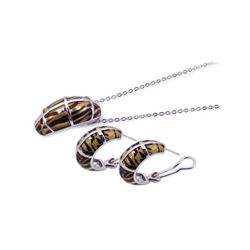 Sterling Silver Rhodium Plated Brown Zebra Stripe Print French Clip Earring & Necklace Set bgs00062