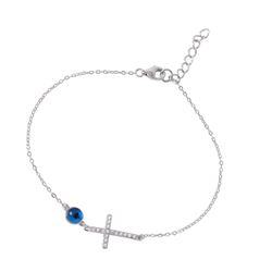 Sterling Silver Rhodium Plated Clear CZ Cross With Evil Eye Bracelet BGB00244