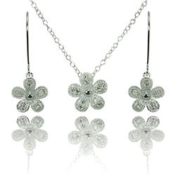 Sterling Silver Rhodium Plated Clear Pave Set Flower CZ Hook Earring & Necklace Set bgs00373