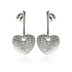 Sterling Silver Rhodium Plated Micro Pave Clear Heart CZ Dangling Stud Earring ace00075