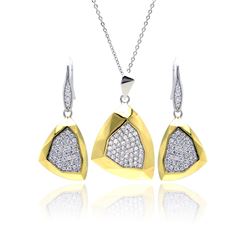 Sterling Silver Rhodium & Gold Plated Hammered Triangle Clear Pave Set CZ Leverback Earring & Neckla