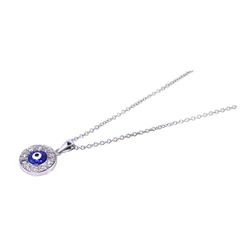 Sterling Silver Rhodium Plated Clear CZ Evil Eye - Blue Round Pendant Necklace stp00607