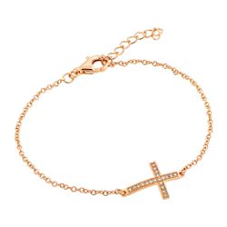 Sterling Silver Rose Gold Plated Sideways Cross CZ Bracelet bgb00158