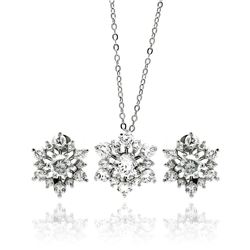 Rhodium Plated Brass Snowflake Flower Clear CZ Stud Earring & Necklace Set bbs00045