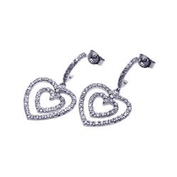 Sterling Silver Rhodium Plated Graduated Two Heart CZ Dangling Curved Earring ste00486