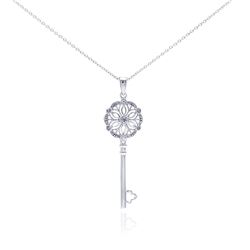 Sterling Silver Rhodium Plated Clear Diamond Key Pendant Necklace stp01040