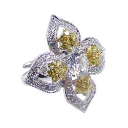 Sterling Silver Rhodium Plated Clear & Yellow CZ Flower Ring str00312