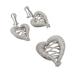 Sterling Silver Rhodium Plated Clear Micro Pave Open Heart CZ Dangling Stud Earring & Necklace Set g