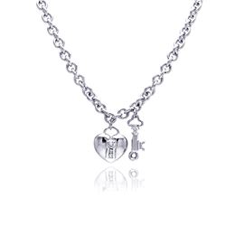 Sterling Silver Clear CZ Rhodium Plated Heart Key Pendant Necklace stp00157