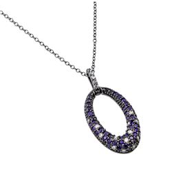 Sterling Silver Rhodium Plated Clear & Purple CZ Stone Oval Hoop Pendant Necklace BGP00889PUR