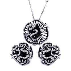 Sterling Silver Rhodium & Black Rhodium Plated Clear Flower Carnation CZ Stud Earring & Necklace Set
