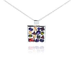 Sterling Silver Rhodium Square Multicolor Multishape CZ Necklace bgp00203
