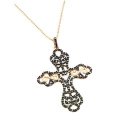 Sterling Silver Rose Gold Plated Black & Clear Cross CZ Dangling Inlay Necklace bgp00696