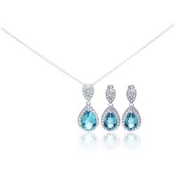 Sterling Silver Rhodium Plated Blue CZ Dangling Stud Earring & Necklace Set sts00257bl