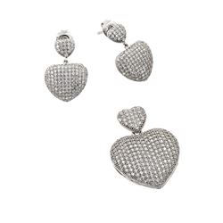 Sterling Silver Rhodium Plated Clear Micro Pave Heart CZ Dangling Stud Earring & Dangling Necklace S