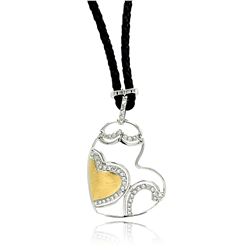 Sterling Silver Rhodium Plated Two Tone Heart CZ Leather Cord Necklace bgp00498