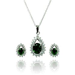 Sterling Silver Rhodium Plated Clear & Green Teardrop Cluster CZ Stud Earring & Necklace Set bgs0036