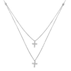Sterling Silver Rhodium Plated Two-strand Double Cross CZ Pendant Necklace STP01482