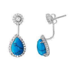 Sterling Silver Rhodium Plated CZ Flower with Hanging Turquoise Pear BGE00476