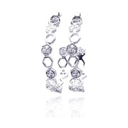 Sterling Silver Rhodium Plated Hexagon Clear CZ Round J Hook Stud Earring ste00704