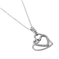 Sterling Silver Rhodium Plated Clear CZ Dual Open Hearts Pendent Necklace BGP01030
