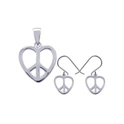 Sterling Silver Rhodium Plated Open Heart Peace Sign CZ Dangling Hook Earring & Necklace Set sts0023