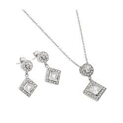 Sterling Silver Rhodium Plated Clear Diamond Shape Square CZ Dangling Stud Earring & Dangling Neckla